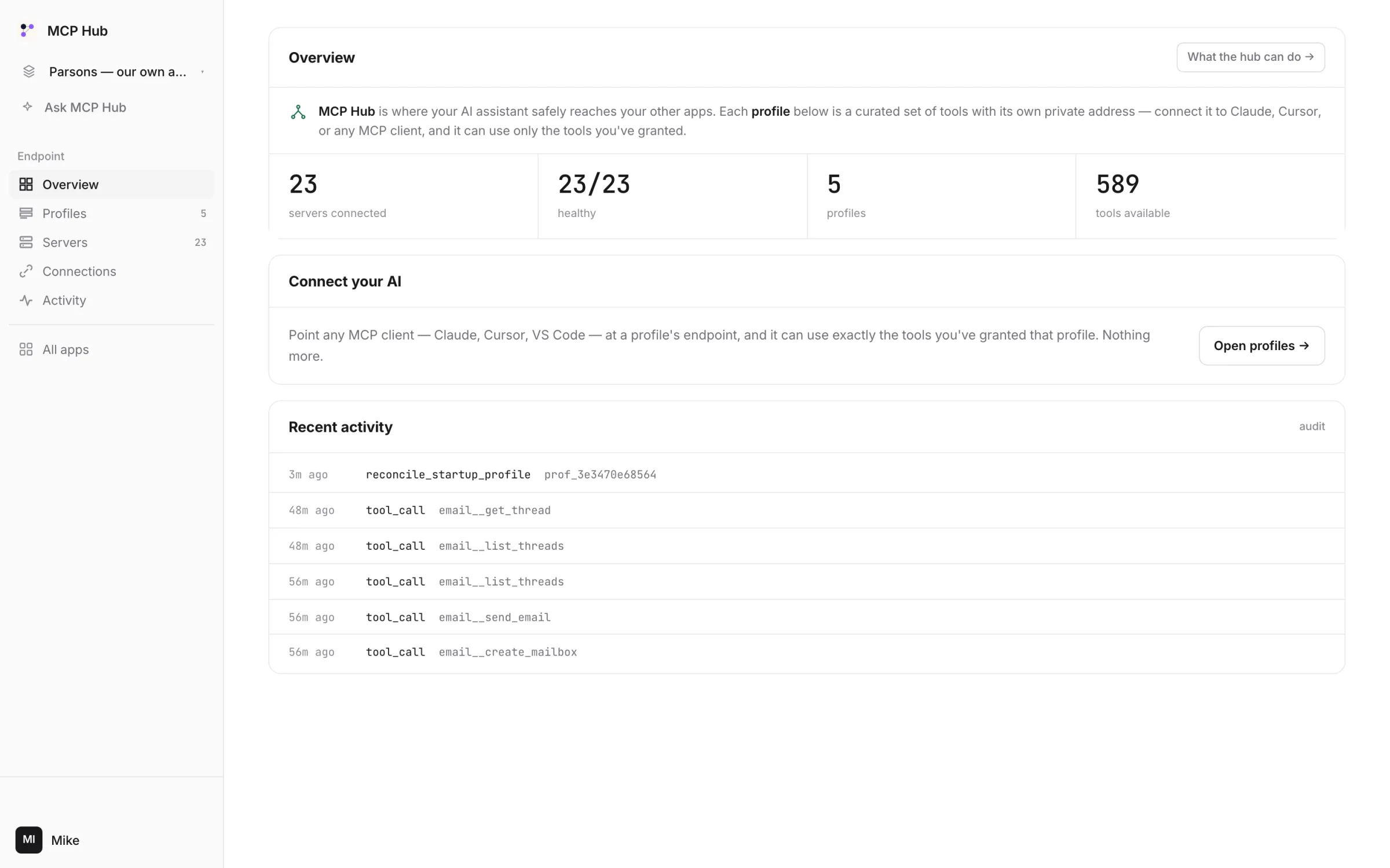 The MCP Hub console: 23 servers connected, 23 of 23 healthy, 5 profiles, 589 tools, the connect-your-AI card and recent tool calls.